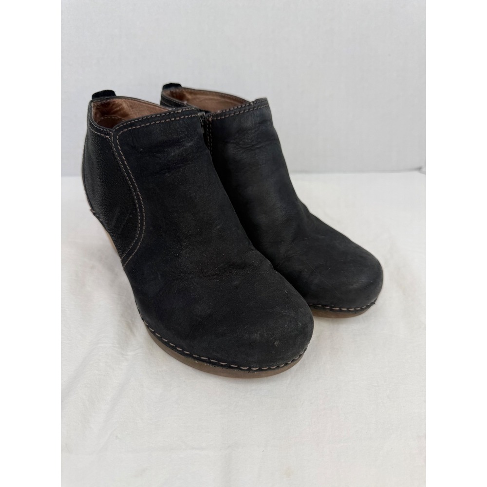 Dansko Black Leather Wedge Ankle Boots Side Zip Clog Booties Size 37